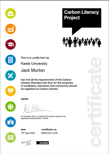 Certified Carbon Literate badge — Jack Murton holds Carbon Literacy Project certification