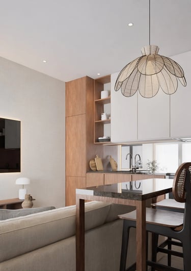 Render 3D fotorrealista de salón con cocina abierta en madera y tonos neutros