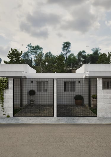 Render 3D de fachada exterior moderna con cerramiento perimetral, acceso peatonal y portón metálico.