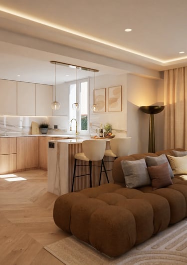 Render 3D de salón comedor con cocina abierta, tonos cálidos y mobiliario contemporáneo
