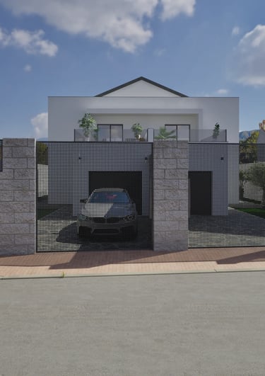 Vivienda moderna con cerramiento perimetral, acceso para vehículos y fachada minimalista 