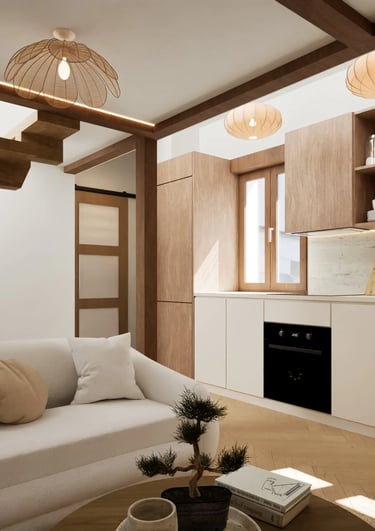 Render interior de salón-cocina de estilo cálido y contemporáneo, con escalera suspendida de madera