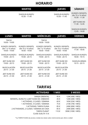 Horario semanal y tarifas de las clases