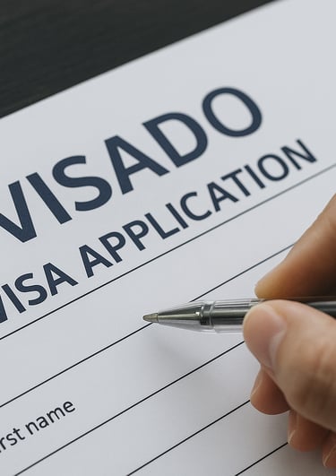 a person holding a pen and writing a visa application