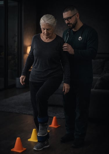 fisioterapeuta realizando exercício em uma idosa durante um atendimento de fisioterapia domiciliar