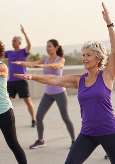 Bright natural light scene of diverse people exercising outdoors surrounded by plants, reflecting vitality and wellness.