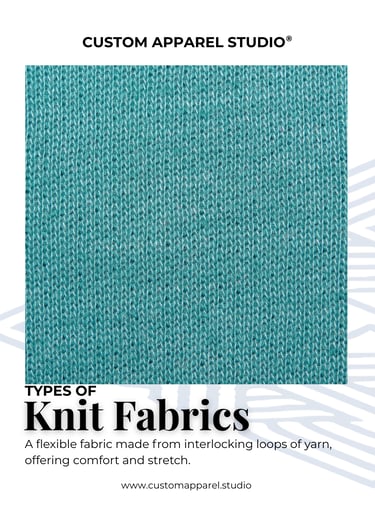 knit fabric close-up with text describing its flexibility and stretch.
