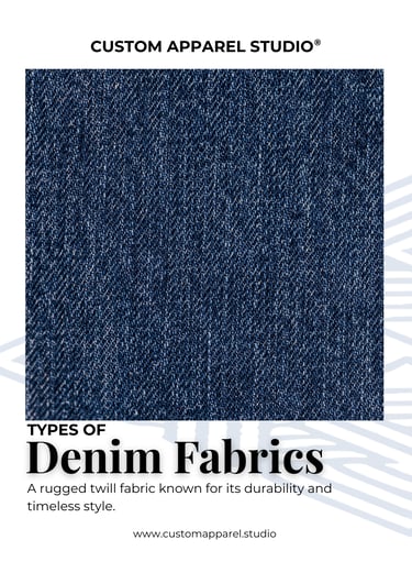 denim twill close-up with text describing its durability and style.