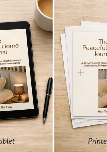 Peaceful Home Journal shown as a digital tablet download and printed pages on a wooden desk