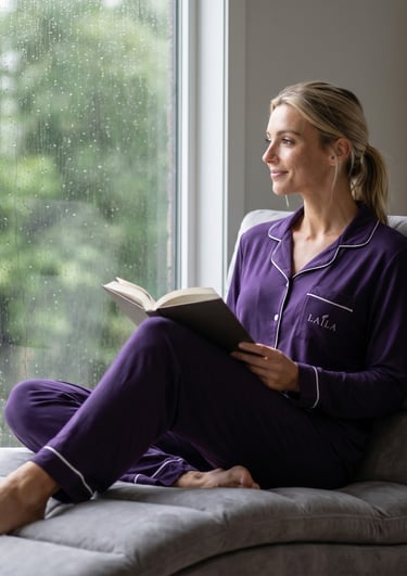 A woman relaxes in purple long-sleeve pajamas while reading a book by a rainy window.
