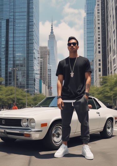 A stylish young person wearing relaxed streetwear from xtraordinary threadz, standing confidently against an urban backdrop with soft rose gold accents.