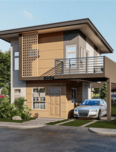 Modern two-story house design with a balcony, flat roof, and attached carport featuring a silver car.