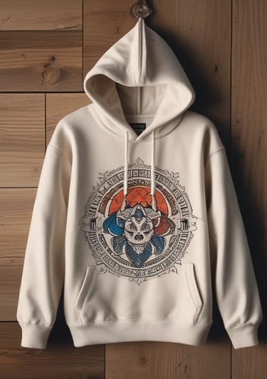 A cozy hoodie with a vibrant custom print hanging on a rustic wooden rack.