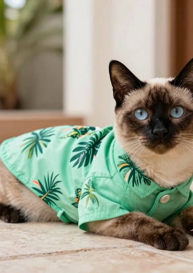 Gatito acostado con camisa hawaiana