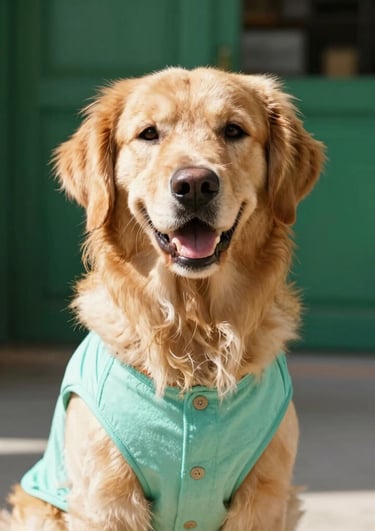 Perrito sentado con chaleco color aguamarina