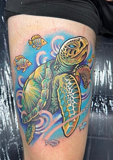 Turtle on the sea Neotraditional Tattoo. top tattoo artist in Miraflores Lima