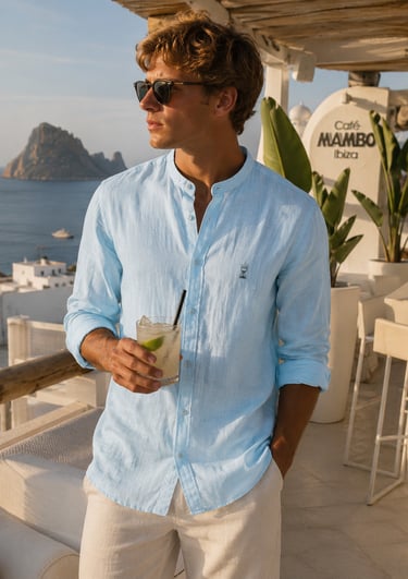 Chico con camisa cuello mao de lino urbana streetwear Santa Paciencia 