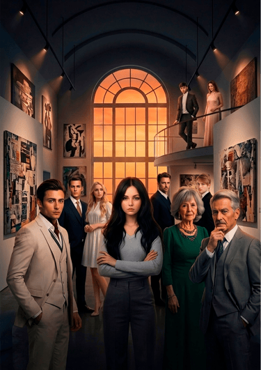 A diverse group of elegantly dressed individuals, including men in suits and women in dresses, stands within a sophisticated