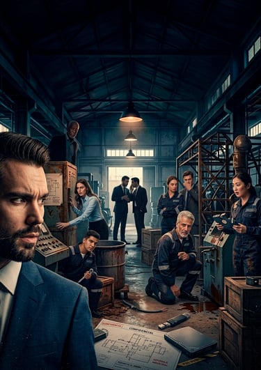 Industrial mystery scene featuring dramatic lighting and a group of workers in a dark warehouse factory.