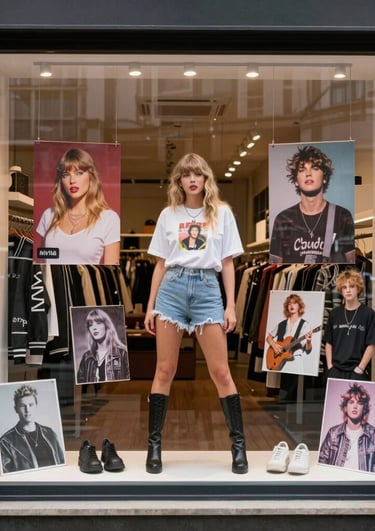 Pop culture inspired apparel with vibrant colors and famous music lyrics on display