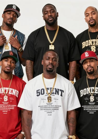 Urban streetwear featuring iconic old school rap graphics on a model against a gritty city backdrop