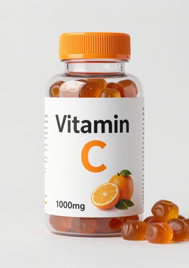 Clear bottle of orange Vitamin C 1000 mg gummy supplements with orange fruit illustrations on a white label.