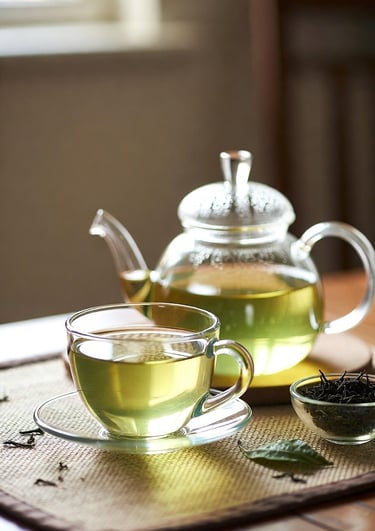 Freshly brewed green tea in a clear glass cup and teapot on a bamboo mat.