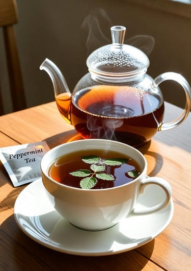 Hot peppermint tea in a white ceramic cup with fresh mint leaves and a glass teapot on a wooden table.