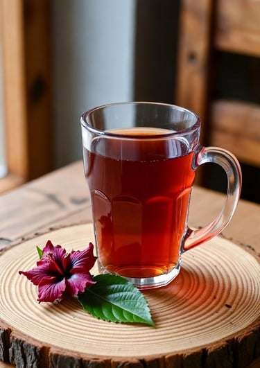 Clear glass mug of red hibiscus herbal tea on a rustic wood slice coaster with a fresh flower.