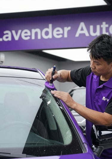 Professional car detailing technician at Lavender Auto cleaning a purple vehicle windshield with a precision brush.