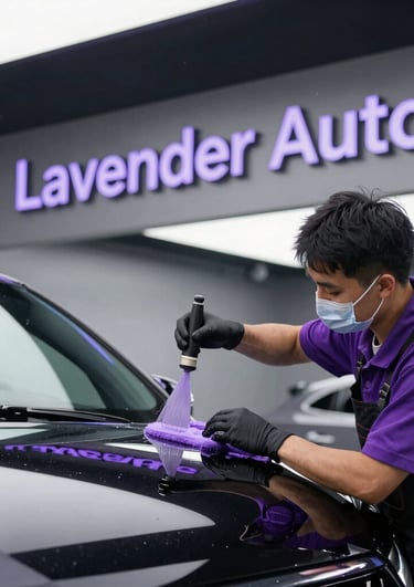 Professional car detailer at Lavender Auto using a purple brush to clean a black vehicle hood.