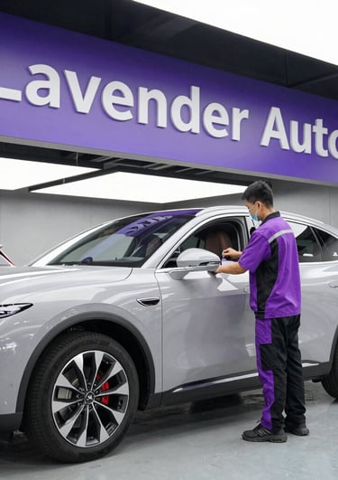 A technician in a purple uniform inspects a silver SUV at Lavender Auto car detailing center.