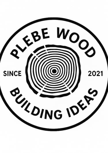 Plebe Wood Building Ideas logo featuring a circular wood grain cross-section and minimalist typography.