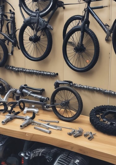 A selection of bike lights, locks, and pumps displayed on a wooden table