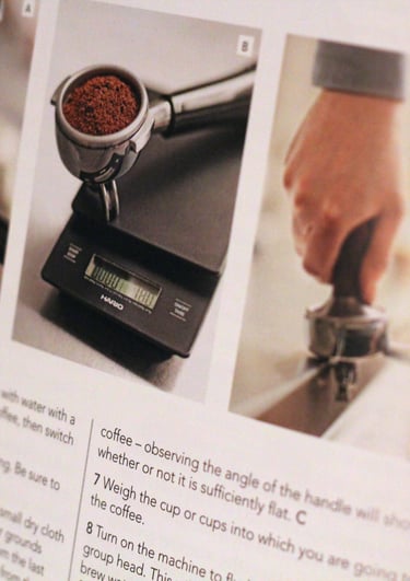 Step-by-step espresso brewing guide showing coffee grinding, weighing on a Hario scale, and tamping.