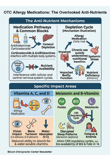 Infographic showing how OTC allergy medications act as anti-nutrients, causing vitamin deficiencies and systemic stress.