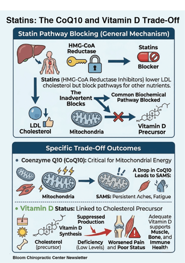 Infographic explaining how statin drugs block HMG-CoA reductase, impacting LDL cholesterol, CoQ10, and Vitamin D levels.