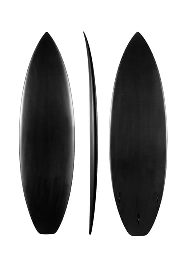 Sleek all-black shortboard surfboard shown from front, back, and side profiles on a white background.