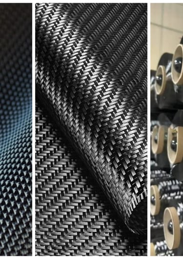 Woven black carbon fiber fabric sheets and industrial composite yarn spools for manufacturing.