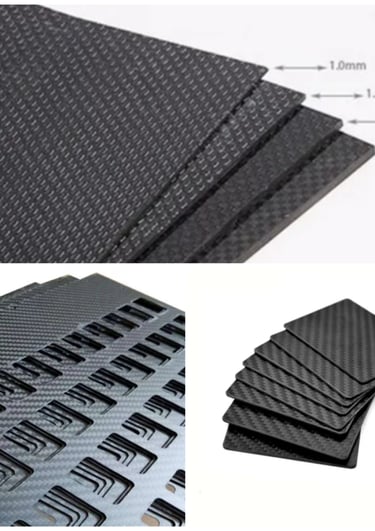 Durable carbon fiber sheets showing various thicknesses from 1.0mm to 2.5mm and custom CNC cut patterns.
