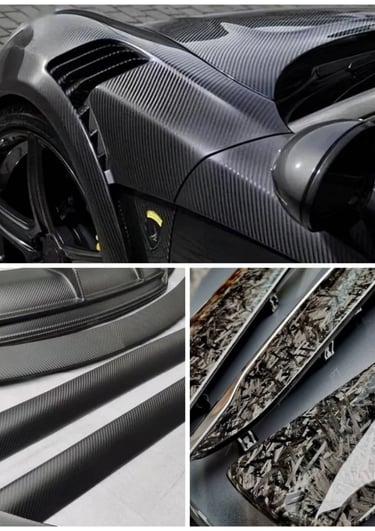 Custom carbon fiber car parts including a fender vent and forged carbon fiber trim pieces.