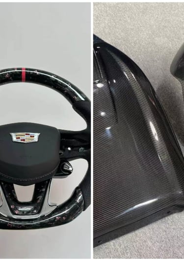 Custom carbon fiber steering wheel and matching interior trim components for luxury car upgrades.