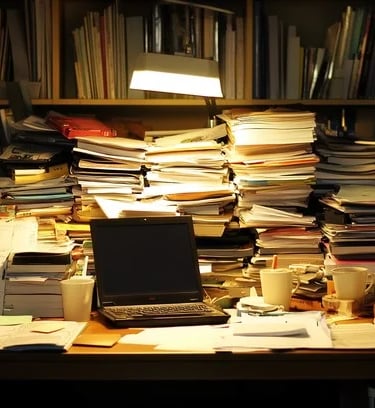 a desk piled high with vintage books, texts, papers and a vintage light shining in the middle