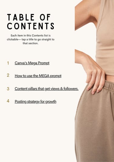 A Table of Contents featuring Canva's Mega Prompt and social media growth strategies.