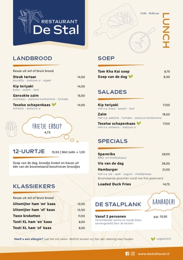 Menukaart van restaurant De Stal in Den Burg op Texel