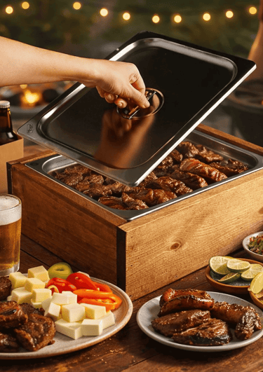 Caja para carne asada, fiesta, convinencia, vinos, quesos, cerveza, carnita asada