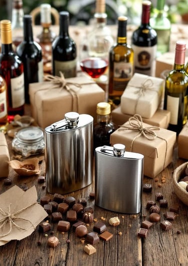 Mesa con vinos tintos, vinos rosados y licoreras sobre cubierta de madera con chocolates