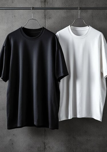playera negra y playera blanca corte regular colgadas en gancho con pared de microcemento