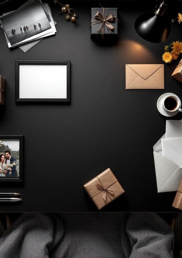 encimera negra con marcos para fotos, fotografías y regalos personalizados variados