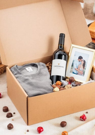 Cajas de regalo, sorpresas, vino, playera, marco para foto, chocolates, regalos personalizados